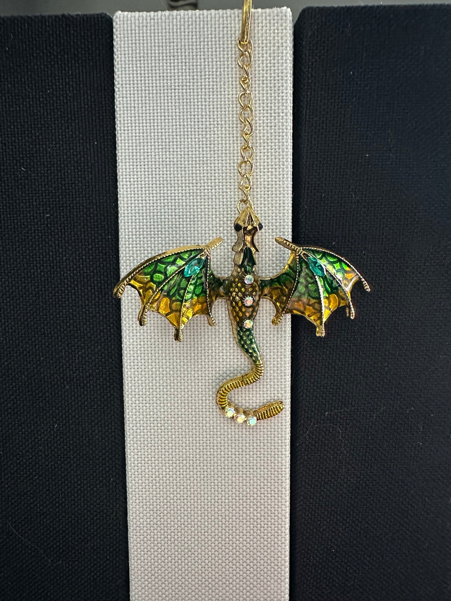 Dragon Bookmark with Enamel and Crystals, Fantasy Book Mark, Unique Gift for Readers, Dragon Lover, Bookworm Gift - Gold and Green