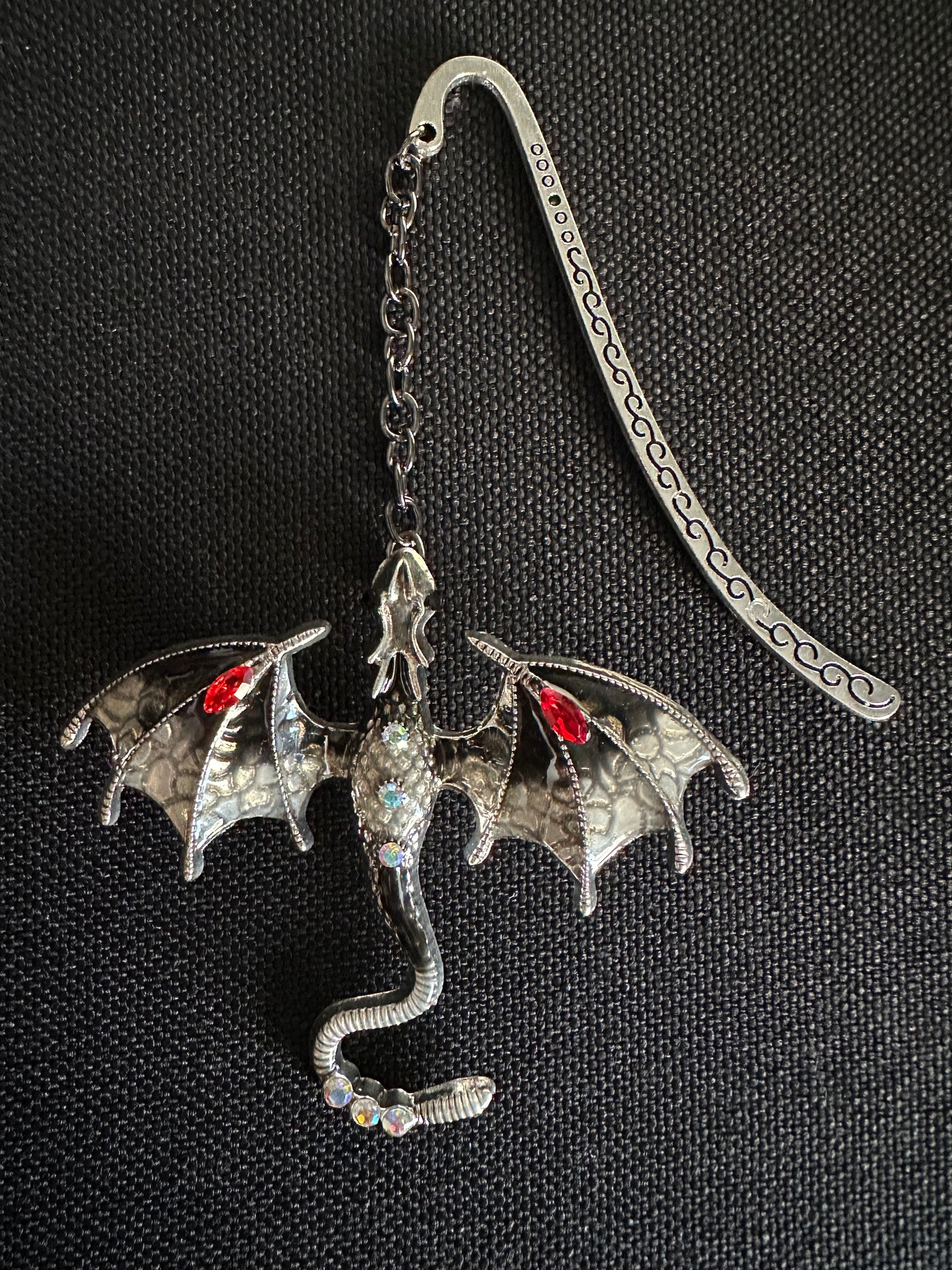 Dragon Bookmark with Enamel and Crystals, Fantasy Book Mark, Unique Gift for Readers, Dragon Lover, Bookworm Gift - Silver and Black