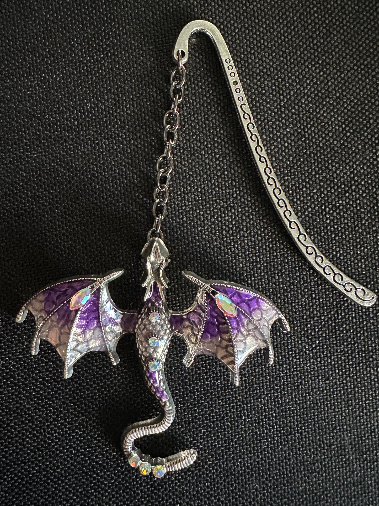 Dragon Bookmark with Enamel and Crystals, Fantasy Book Mark, Unique Gift for Readers, Dragon Lover, Bookworm Gift - Silver and Purple
