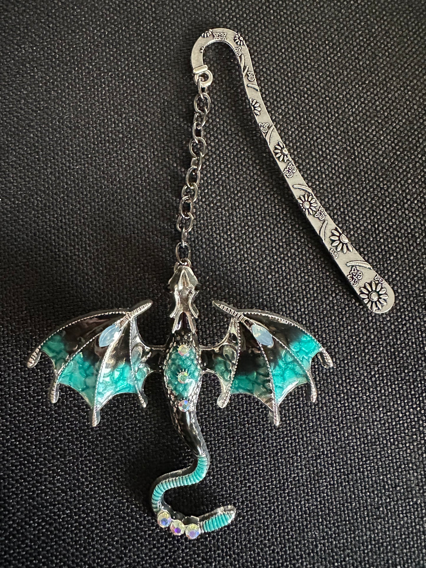 Dragon Bookmark with Enamel and Crystals, Fantasy Book Mark, Unique Gift for Readers, Dragon Lover, Bookworm Gift - Silver and Teal