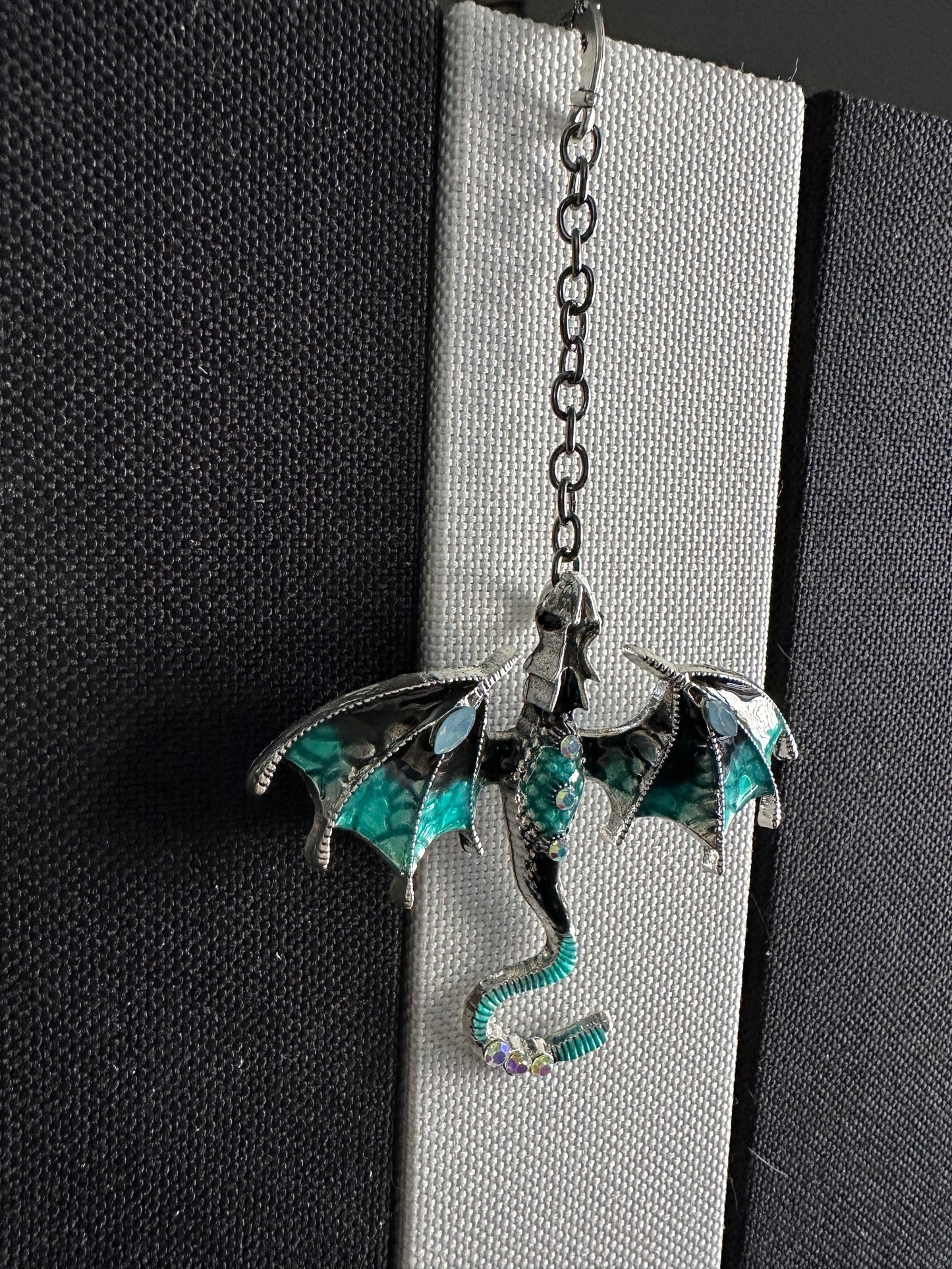 Dragon Bookmark with Enamel and Crystals, Fantasy Book Mark, Unique Gift for Readers, Dragon Lover, Bookworm Gift - Silver and Teal