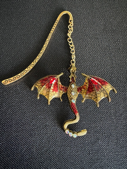 Dragon Bookmark with Enamel and Crystals, Fantasy Book Mark, Unique Gift for Readers, Dragon Lover, Bookworm Gift - Gold and Red