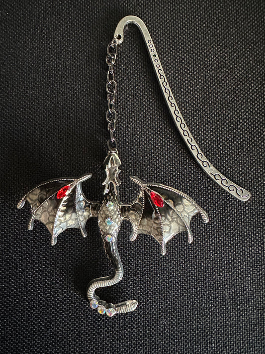 Dragon Bookmark with Enamel and Crystals, Fantasy Book Mark, Unique Gift for Readers, Dragon Lover, Bookworm Gift - Silver and Black