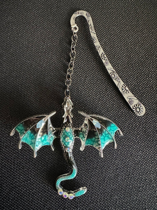 Dragon Bookmark with Enamel and Crystals, Fantasy Book Mark, Unique Gift for Readers, Dragon Lover, Bookworm Gift - Silver and Teal