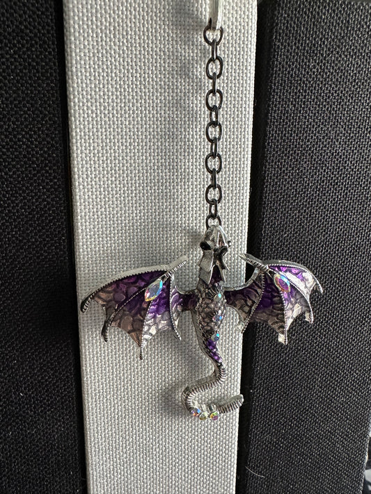 Dragon Bookmark with Enamel and Crystals, Fantasy Book Mark, Unique Gift for Readers, Dragon Lover, Bookworm Gift - Silver and Purple