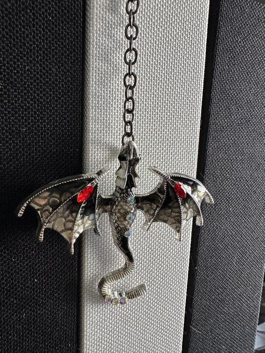 Dragon Bookmark with Enamel and Crystals, Fantasy Book Mark, Unique Gift for Readers, Dragon Lover, Bookworm Gift - Silver and Black