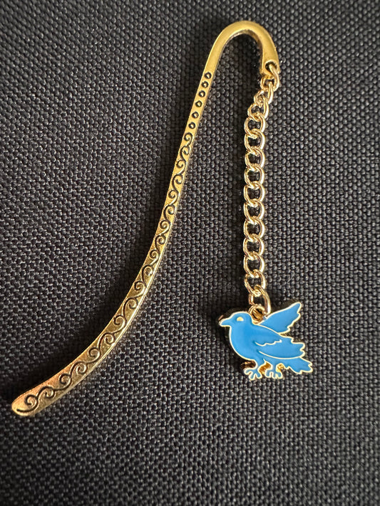 Blue Raven Bookmark with Enamel Charm, Gold Book Mark, Gift for Bird Lovers, Unique Gift for Readers