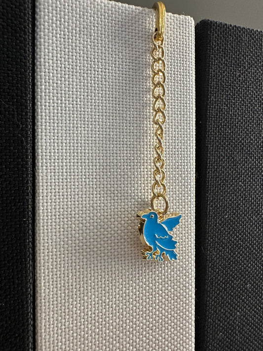 Blue Raven Bookmark with Enamel Charm, Gold Book Mark, Gift for Bird Lovers, Unique Gift for Readers